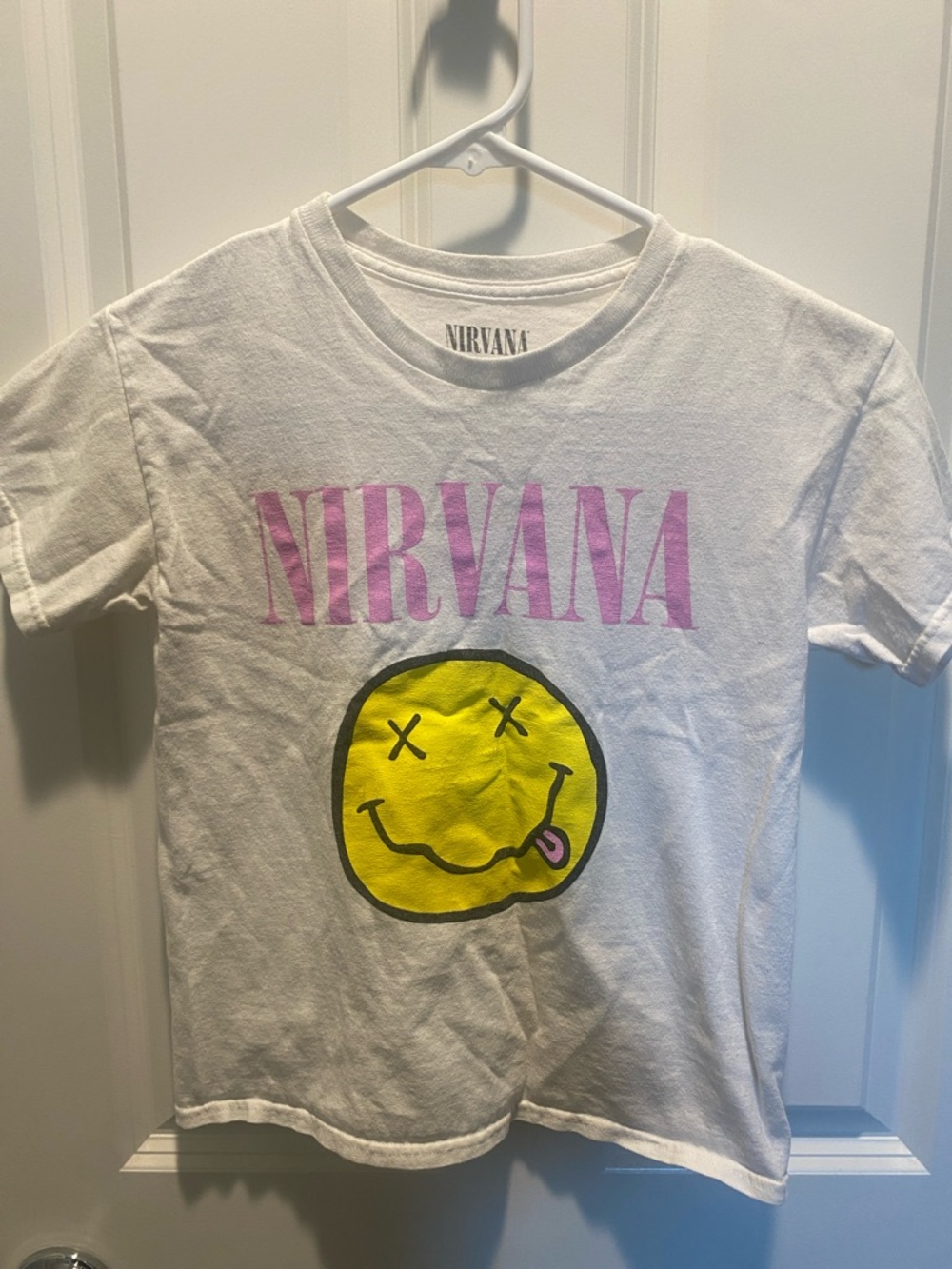 NIRVANA White Tee with Pink Logo and Yellow Smiley